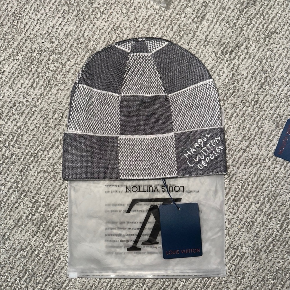 Louis Vuitton Gray and White Checkered Knit Beanie